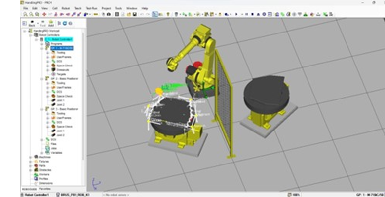 An image of the Roboguide simulation environment for simulating FANUC robots and robot lines.