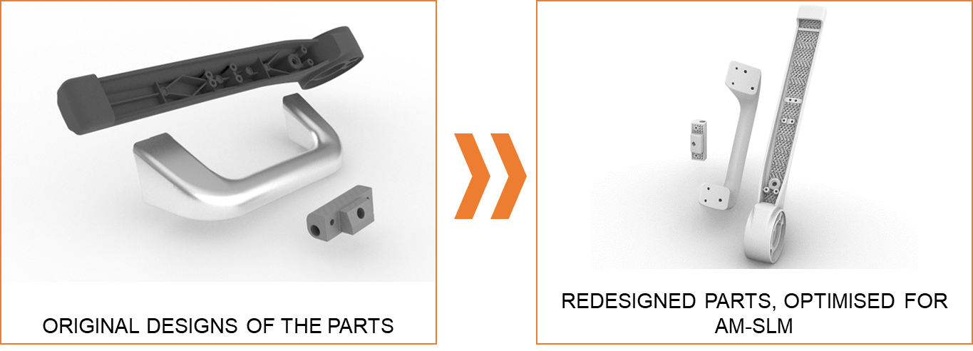 Images of the original designs of the parts and images of the redesigned parts, optimised for AM-SLM (tablet knot, handle, seat arm)